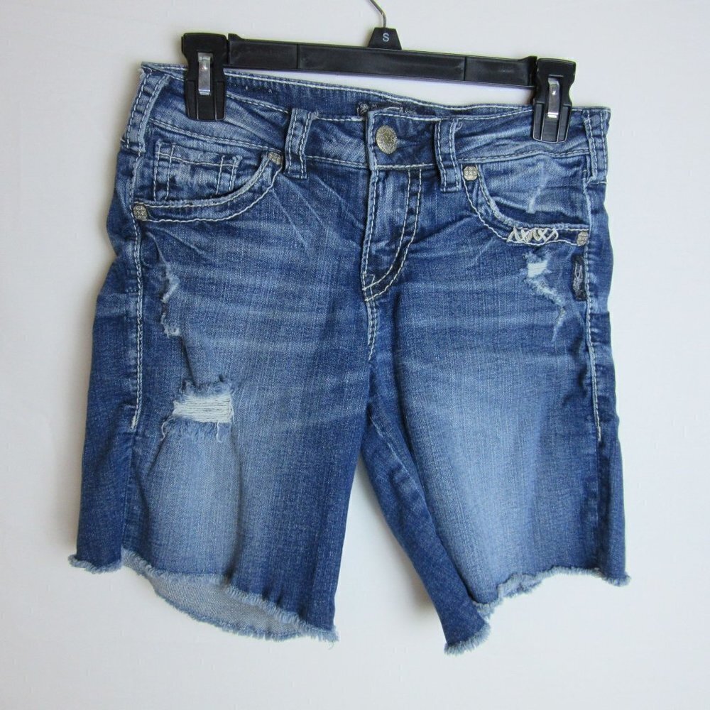 Silver Boyfriend Mid Jean Distressed Shorts Raw Hem Women's 26
